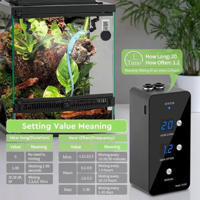 Alt view image 4 of 7 - Reptile Humidifier, Misting System for Terrariums, Automatic with Adjustable Spray Nozzles, Black