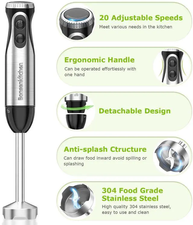 Alt view image 2 of 7 - Immersion Handheld Blender with Whisk, 20-Speed & Turbo Mode Hand Blender Stick 500W, 304 Stainless Steel Hand Blender for Soup, Smoothie, Puree, Baby Food