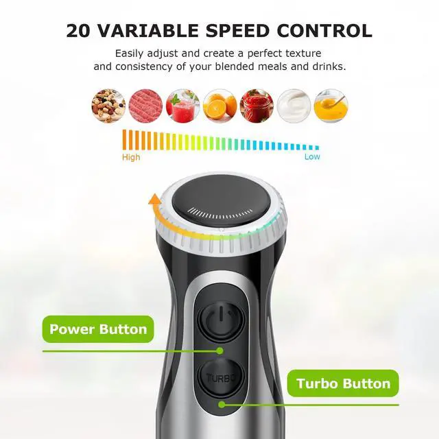 Alt view image 3 of 7 - Immersion Handheld Blender with Whisk, 20-Speed & Turbo Mode Hand Blender Stick 500W, 304 Stainless Steel Hand Blender for Soup, Smoothie, Puree, Baby Food
