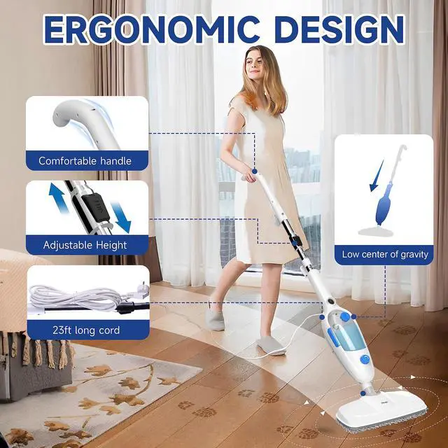 Alt view image 7 of 7 - Steam Mop for Floor Cleaning, 10in1 Multi Purpose Handheld Steamer Cleaner Detachable for Vinyl, Laminate, Carpet, Tile Hard Floor Grout w/ 2 pad, 23ft Cord, 15oz Tank, Adjustable Steam & Height