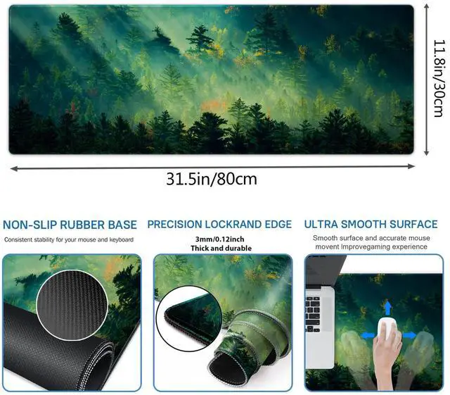 Alt view image 3 of 3 - Mouse Pad,Office Desk Mat Large Gaming Keyboard Pad Durable Stitched Edges Washable Smooth Surface Control & Accuracy Extended Computer Mouse Mat (31.5X11.8In)-Green Forest