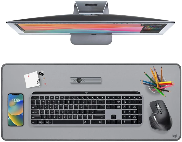Main image of Studio Series Desk Mat Large 28x12 Inches - Mid Grey | Multifunctional large pad, extended mouse surface, office desk protector, anti-slip base, spill-resistant