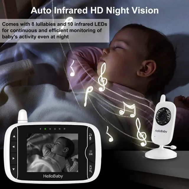 Alt view image 4 of 14 - Video Baby Monitor with Camera and Audio, 3.2Inch LCD Display, Infrared Night Vision, Two-Way Audio and Room Temperature Monitoring,Lullaby,Sound Activated Screen