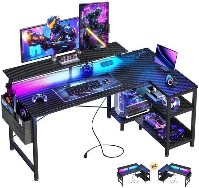 Main image of 48 Inch Gaming Desk with USB Charging Ports and LED Lights, Reversible L Shaped Computer Desk with Storage Shelves & Monitor Stand, Corner Gamer Desk Table with Power Outlets, Black