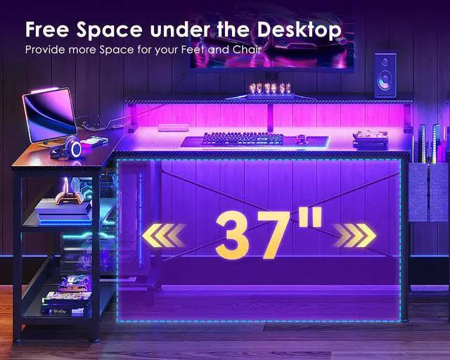 Alt view image 2 of 7 - 48 Inch Gaming Desk with USB Charging Ports and LED Lights, Reversible L Shaped Computer Desk with Storage Shelves & Monitor Stand, Corner Gamer Desk Table with Power Outlets, Black