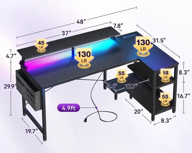 Alt view image 3 of 7 - 48 Inch Gaming Desk with USB Charging Ports and LED Lights, Reversible L Shaped Computer Desk with Storage Shelves & Monitor Stand, Corner Gamer Desk Table with Power Outlets, Black