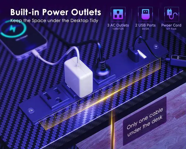 Alt view image 5 of 7 - 48 Inch Gaming Desk with USB Charging Ports and LED Lights, Reversible L Shaped Computer Desk with Storage Shelves & Monitor Stand, Corner Gamer Desk Table with Power Outlets, Black