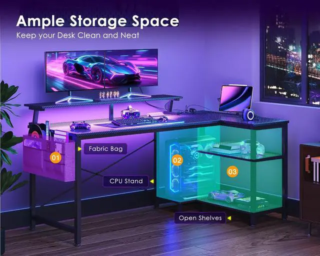 Alt view image 6 of 7 - 48 Inch Gaming Desk with USB Charging Ports and LED Lights, Reversible L Shaped Computer Desk with Storage Shelves & Monitor Stand, Corner Gamer Desk Table with Power Outlets, Black
