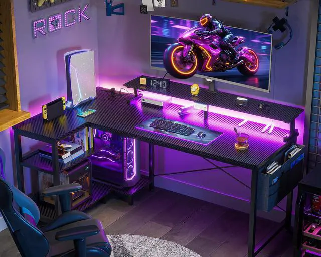 Alt view image 7 of 7 - 48 Inch Gaming Desk with USB Charging Ports and LED Lights, Reversible L Shaped Computer Desk with Storage Shelves & Monitor Stand, Corner Gamer Desk Table with Power Outlets, Black