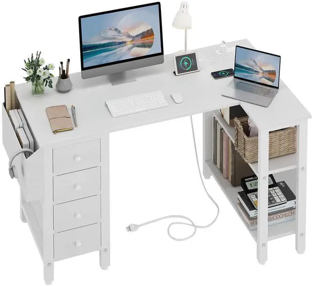Main image of White L Shaped Computer Desk with Drawers & Storage Shelves, 47 Inch Corner Reversible Desk with Power Outlet for Home Office Bedroom, L-Shaped Teen PC Desks with Fabric Drawer, White
