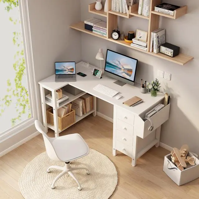 Alt view image 2 of 7 - White L Shaped Computer Desk with Drawers & Storage Shelves, 47 Inch Corner Reversible Desk with Power Outlet for Home Office Bedroom, L-Shaped Teen PC Desks with Fabric Drawer, White