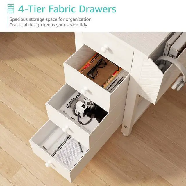 Alt view image 5 of 7 - White L Shaped Computer Desk with Drawers & Storage Shelves, 47 Inch Corner Reversible Desk with Power Outlet for Home Office Bedroom, L-Shaped Teen PC Desks with Fabric Drawer, White