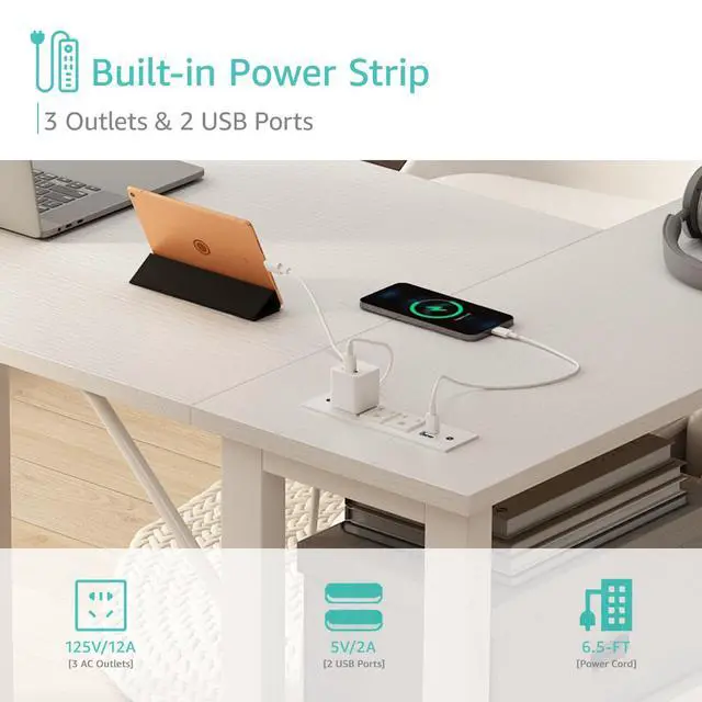 Alt view image 6 of 7 - White L Shaped Computer Desk with Drawers & Storage Shelves, 47 Inch Corner Reversible Desk with Power Outlet for Home Office Bedroom, L-Shaped Teen PC Desks with Fabric Drawer, White