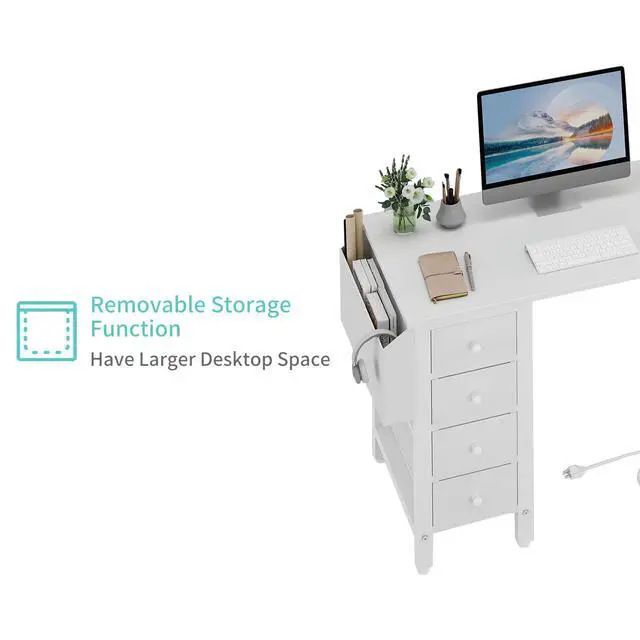 Alt view image 7 of 7 - White L Shaped Computer Desk with Drawers & Storage Shelves, 47 Inch Corner Reversible Desk with Power Outlet for Home Office Bedroom, L-Shaped Teen PC Desks with Fabric Drawer, White