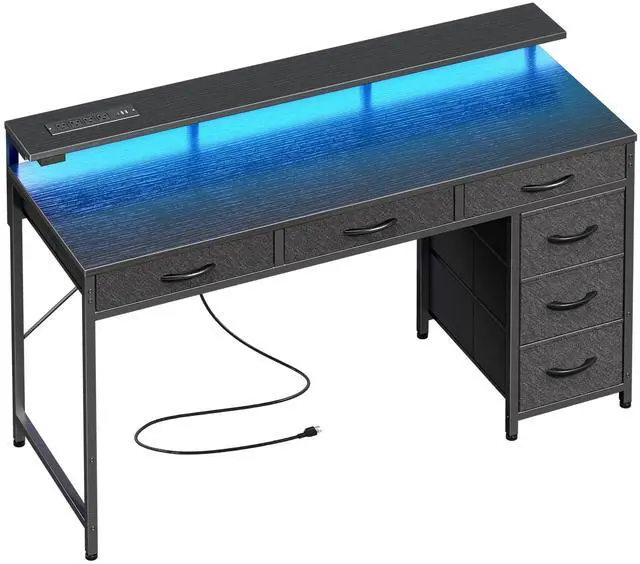 Main image of Gaming Desk with 6 Drawers, Computer Desk with LED Lights Power Outlets and Type-C, 47 Inch Office Desk with Storage, Monitor Stand, Writing Desk Work Desk Home Office, Bedroom, Study, Black