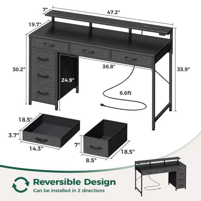 Alt view image 6 of 7 - Gaming Desk with 6 Drawers, Computer Desk with LED Lights Power Outlets and Type-C, 47 Inch Office Desk with Storage, Monitor Stand, Writing Desk Work Desk Home Office, Bedroom, Study, Black
