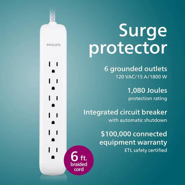 Alt view image 2 of 7 - 6 Outlet Power Strip Surge Protector, 6 Ft Power Cord, Designer