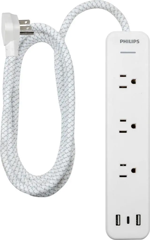 Alt view image 2 of 7 - Surge Protector Power Strip with USB Ports | 6 Ft Braided Extension Cord, 490 Joules, 3 Outlet Extender (Wide Spaced), 2 USB-A, 1 USB-C, Flat Plug, Wall Mount, White