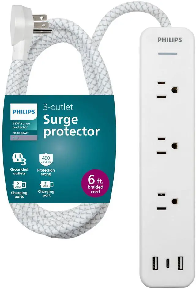 Main image of Surge Protector Power Strip with USB Ports | 6 Ft Braided Extension Cord, 490 Joules, 3 Outlet Extender (Wide Spaced), 2 USB-A, 1 USB-C, Flat Plug, Wall Mount, White
