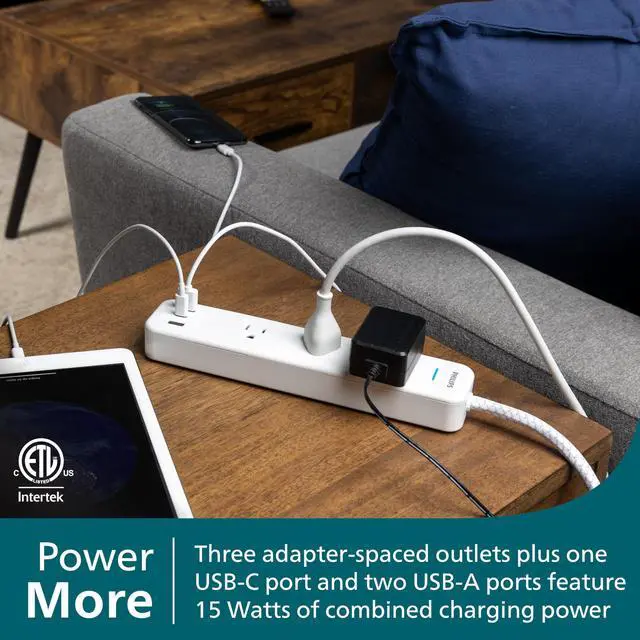 Alt view image 3 of 7 - Surge Protector Power Strip with USB Ports | 6 Ft Braided Extension Cord, 490 Joules, 3 Outlet Extender (Wide Spaced), 2 USB-A, 1 USB-C, Flat Plug, Wall Mount, White