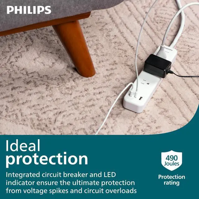 Alt view image 4 of 7 - Surge Protector Power Strip with USB Ports | 6 Ft Braided Extension Cord, 490 Joules, 3 Outlet Extender (Wide Spaced), 2 USB-A, 1 USB-C, Flat Plug, Wall Mount, White
