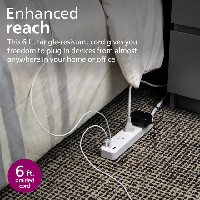 Alt view image 5 of 7 - Surge Protector Power Strip with USB Ports | 6 Ft Braided Extension Cord, 490 Joules, 3 Outlet Extender (Wide Spaced), 2 USB-A, 1 USB-C, Flat Plug, Wall Mount, White