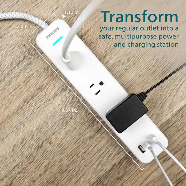 Alt view image 7 of 7 - Surge Protector Power Strip with USB Ports | 6 Ft Braided Extension Cord, 490 Joules, 3 Outlet Extender (Wide Spaced), 2 USB-A, 1 USB-C, Flat Plug, Wall Mount, White