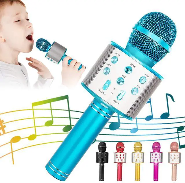Main image of Wireless Bluetooth Karaoke Microphone for Kids, 5-in-1 Portable Handheld Karaoke Mic Speaker Player Recorder with Adjustable Remix FM Radio for Kids Girls Boys Teens Birthday (Blue)