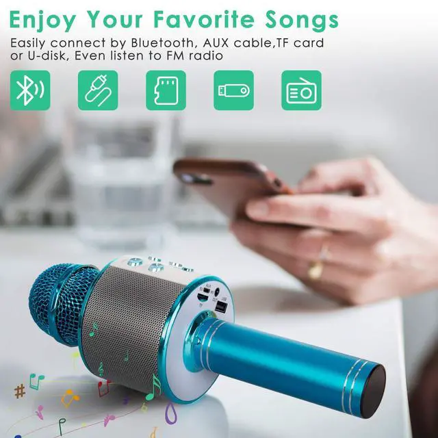 Alt view image 3 of 7 - Wireless Bluetooth Karaoke Microphone for Kids, 5-in-1 Portable Handheld Karaoke Mic Speaker Player Recorder with Adjustable Remix FM Radio for Kids Girls Boys Teens Birthday (Blue)