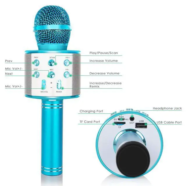 Alt view image 7 of 7 - Wireless Bluetooth Karaoke Microphone for Kids, 5-in-1 Portable Handheld Karaoke Mic Speaker Player Recorder with Adjustable Remix FM Radio for Kids Girls Boys Teens Birthday (Blue)