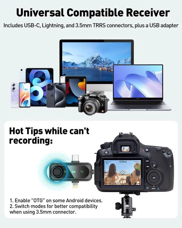 Alt view image 5 of 7 - Wireless Lavalier Microphone for iPhone, Android, USB C, PC, Camera Video Recording 4 in 1 Clip-on Mics with Rotatable Clip&Denoise Recording, for Vlog Tiktok YouTube Podcast Content Creator