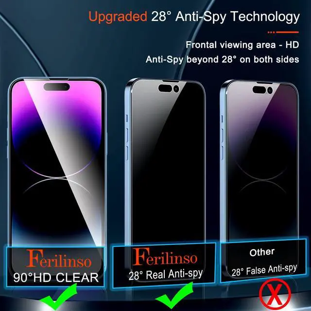 Alt view image 4 of 7 - 3 Pack Privacy Screen Protector for iPhone 14 Pro Max, 9H Military-Grade Shatterproof Tempered Glass with Alignment Frame, Dynamic Island Compatible, Case Friendly, Camera Lens Protectors
