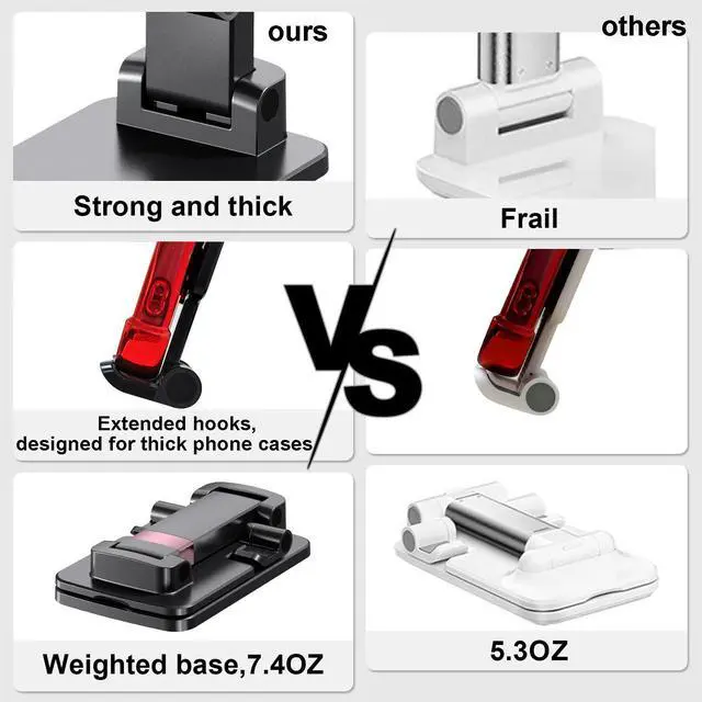 Alt view image 3 of 6 - Phone Stand for Desk Cellphone Holder Height Angle Adjustable Stands, Anti-Slip Base, Compact Design for iPhone Android Devices,Black,1Pack