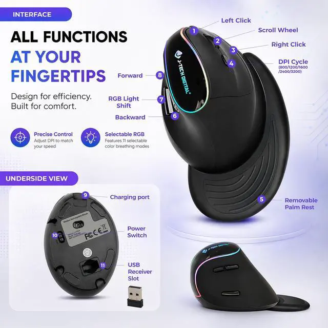Alt view image 2 of 7 - Ergonomic Mouse with Wireless Connection, Removable Palm Rest, Thumb Buttons, Rechargeable Battery, 800 DPI, Compatible with Windows and MAC OS