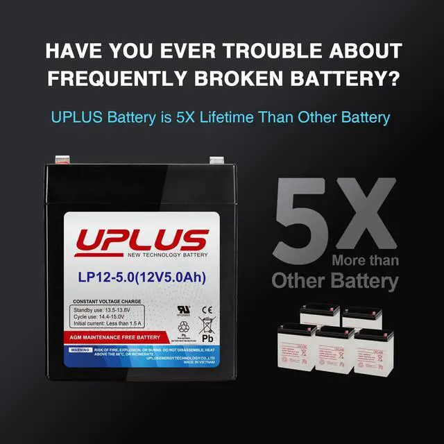 Alt view image 3 of 7 - LP12-5.0 12V 5Ah Rechargeable AGM Battery SLA Replacement for DJW12-4.5, Backup for LiftMaster/Craftsman 4228 Garage Door Opener, Security Alarm System etc.