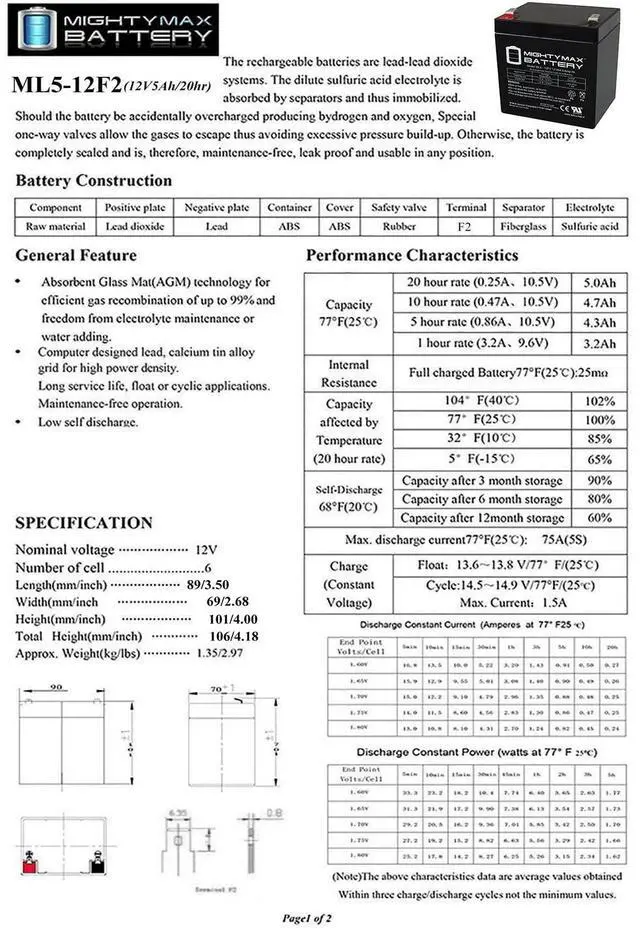 Alt view image 6 of 7 - ML5-12F2-12 Volt 5 AH, F2 Terminal, Rechargeable SLA AGM Battery