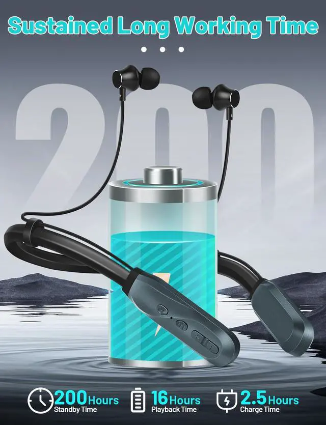 Alt view image 2 of 7 - Neckband Bluetooth Headphones, 200H Long Playtime Wireless Stereo Neckband Earbuds with Microphone, Waterproof Around The Neck Headphones in Ear Headset for Sports/Workout/Office (Dark Blue)