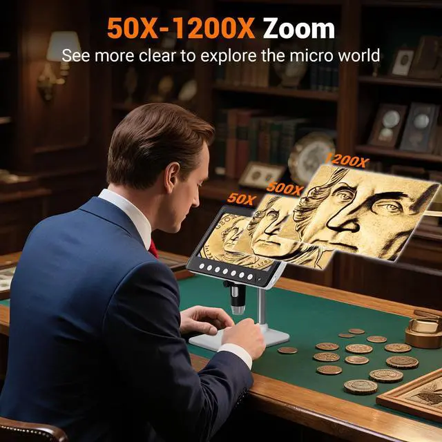 Alt view image 4 of 7 - Coin Microscope for Error, 7'' LCD Magnifying Glass with Light, 1200X & 1080P Soldering Microscope, 32GB Coin Magnifier with 8 Adjustable LED Lights, Cool Gadgets Microscopes for Coins, Jewelry