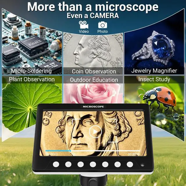 Alt view image 2 of 7 - Coin Microscope for Error, 7'' LCD Magnifying Glass with Light, 1200X & 1080P Soldering Microscope, 32GB Coin Magnifier with 8 Adjustable LED Lights, Cool Gadgets Microscopes for Coins, Jewelry