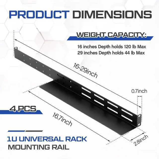 Alt view image 2 of 6 - 2 Set 1U Rack Mount Rails Universal 4 Post Server Rack Rail Shelf 16-29 Inch Adjustable Depth 120-44 lb Capacity for 1U Server Shelf Computer Cabinets Network Equipment IT Accessories