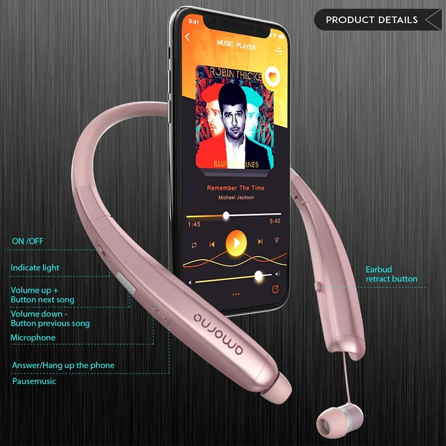 Alt view image 2 of 6 - Foldable Bluetooth Headphones, Wireless Neckband Sports Headset with Retractable Earbuds, Sweatproof Noise Cancelling Stereo Earphones with Mic