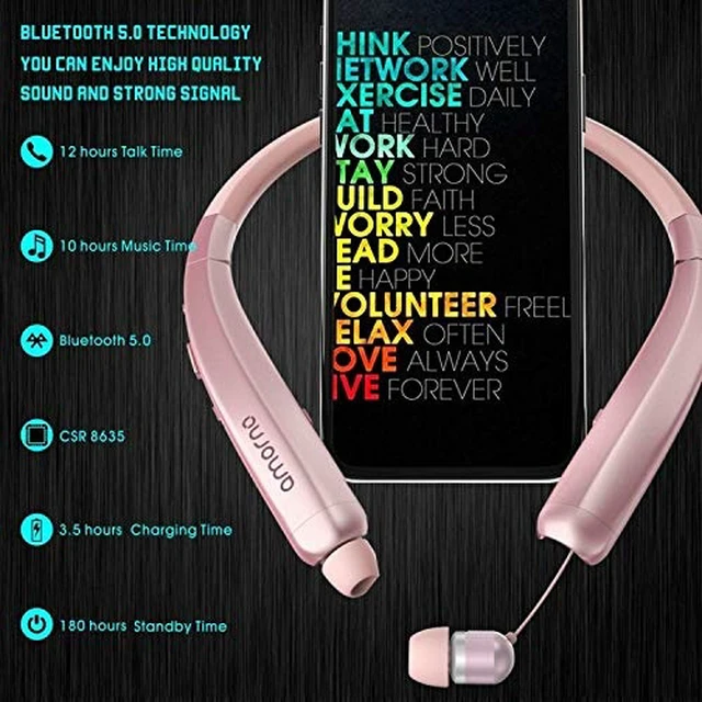 Alt view image 3 of 6 - Foldable Bluetooth Headphones, Wireless Neckband Sports Headset with Retractable Earbuds, Sweatproof Noise Cancelling Stereo Earphones with Mic