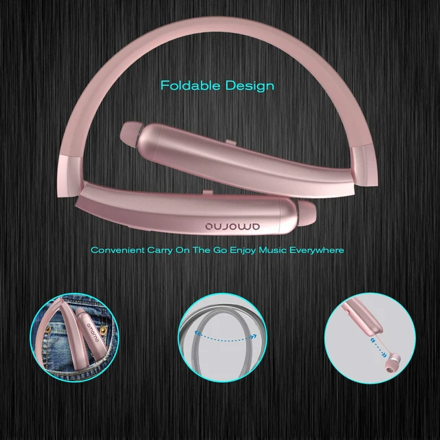 Alt view image 4 of 6 - Foldable Bluetooth Headphones, Wireless Neckband Sports Headset with Retractable Earbuds, Sweatproof Noise Cancelling Stereo Earphones with Mic