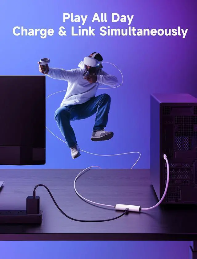 Alt view image 2 of 7 - Link Cable with 18W Charging 16ft, Compatible with Oculus Meta Quest 3S/ 3/ 2/ Pro and Pico 4, PC VR, Steam VR Accessories, 2-in-1 High Speed 5Gbs USB3.0 to USB C Data Cord for VR Headset