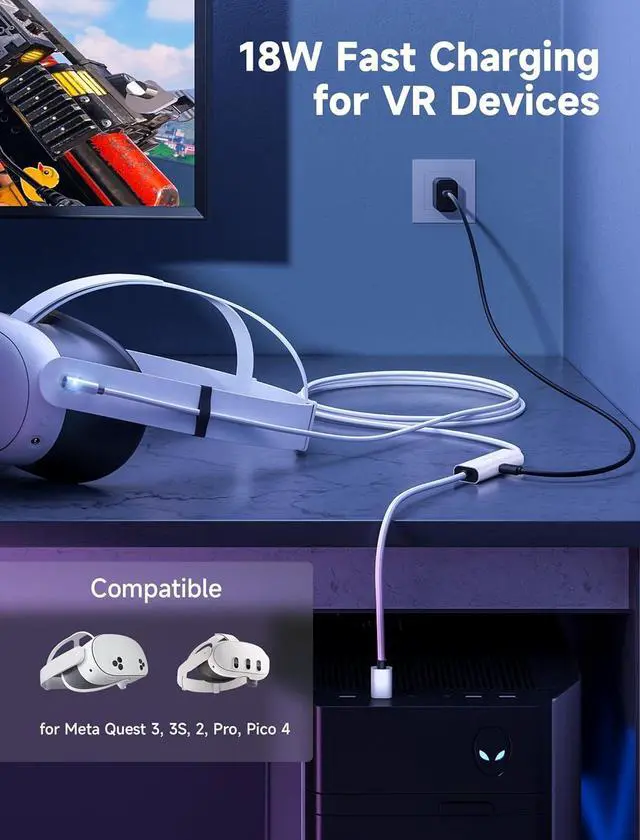 Alt view image 4 of 7 - Link Cable with 18W Charging 16ft, Compatible with Oculus Meta Quest 3S/ 3/ 2/ Pro and Pico 4, PC VR, Steam VR Accessories, 2-in-1 High Speed 5Gbs USB3.0 to USB C Data Cord for VR Headset