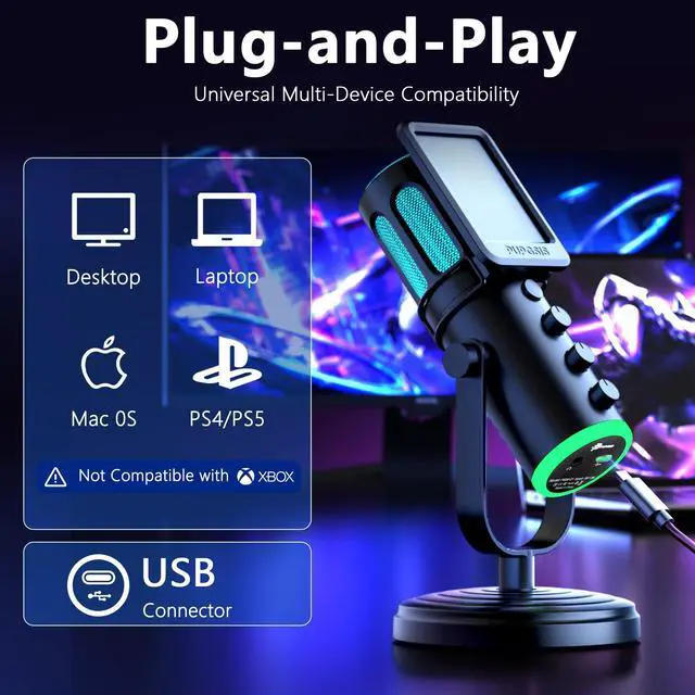 Alt view image 7 of 7 - USB PC Microphone, Gaming Mic for Streaming, Podcast, Twitch, YouTube, Discord on Mac&Windows, Condenser Recording Microphone with Mute, Gain, Monitoring, Pop Filter, RGB Indicator-Black