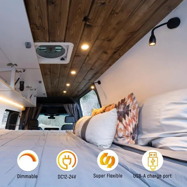 Alt view image 2 of 7 - 12V LED Dimmable Reading Light 2 Pack, RV Bedside Reading Lamp with USB Charger 12 Volt Flexible Neck Wall Lamp for Camper Van Travel Trailer Truck Boat Interior Lighting