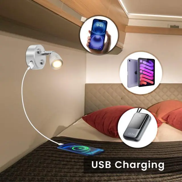 Alt view image 2 of 7 - 12V RV Reading Lights,12 Volt reading Light for rv Interior with USB Charger and Touch Switch, Bedside Reading Lamp,DC12-24V Rotatable Interior Lamp for Camper Van Travel Trailer,2-Pack