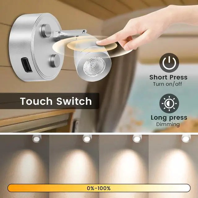 Alt view image 3 of 7 - 12V RV Reading Lights,12 Volt reading Light for rv Interior with USB Charger and Touch Switch, Bedside Reading Lamp,DC12-24V Rotatable Interior Lamp for Camper Van Travel Trailer,2-Pack