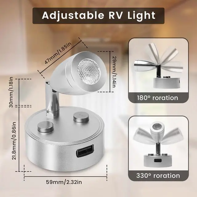 Alt view image 5 of 7 - 12V RV Reading Lights,12 Volt reading Light for rv Interior with USB Charger and Touch Switch, Bedside Reading Lamp,DC12-24V Rotatable Interior Lamp for Camper Van Travel Trailer,2-Pack